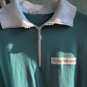 Teal Zip-Up Blouse with Embellished Collar. Bling Bling Grandma Top